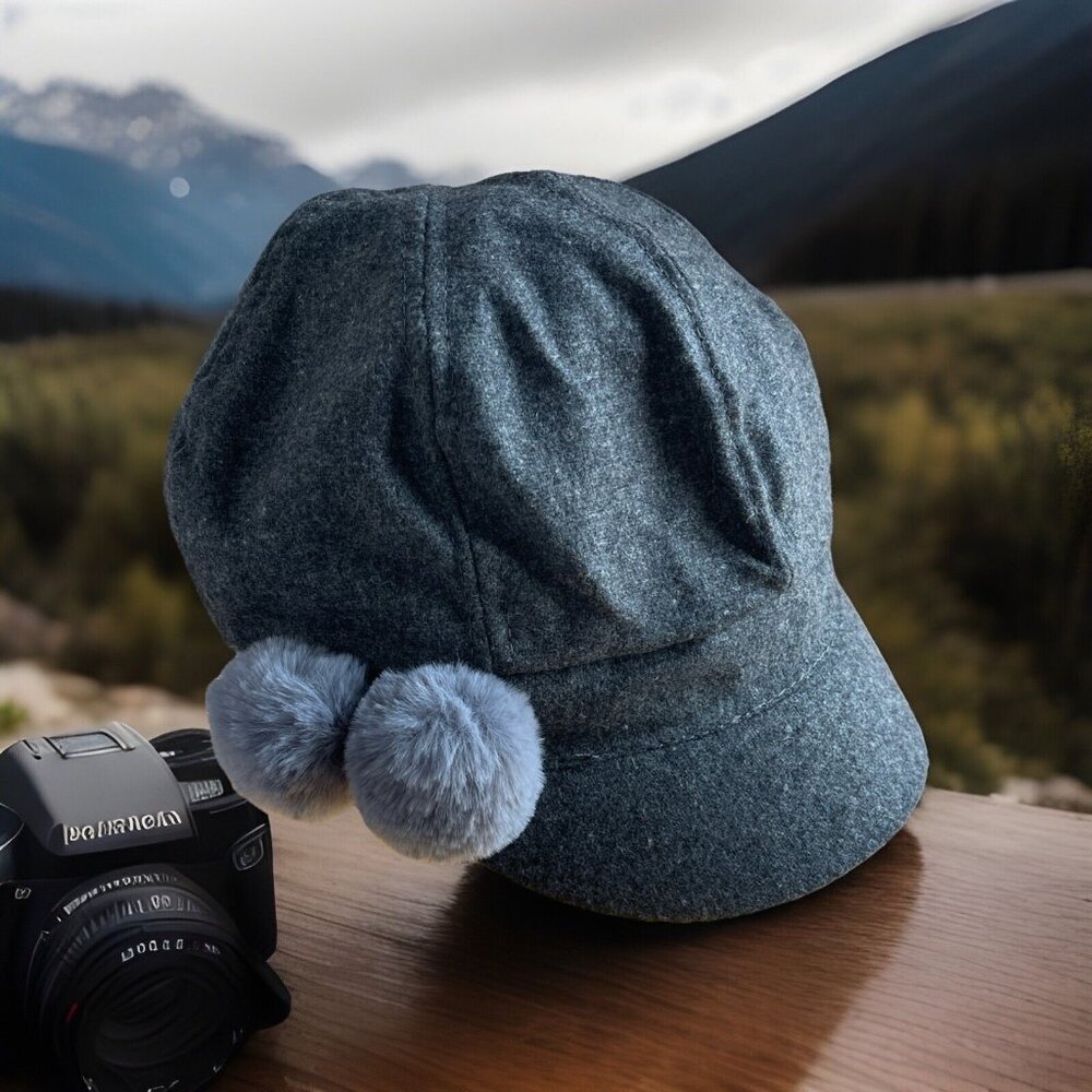 Paper Boy womens Gray cabbie Wool Blend hat with brim & poms new Warm